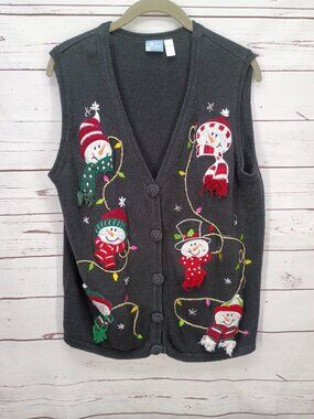 Vintage Holiday Editions Christmas Snowman Embroidered Button Cardigan Vest Blac